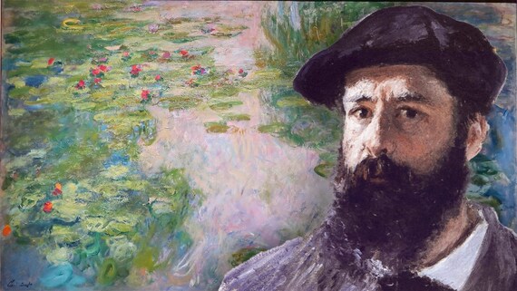 il pittore impressionista francese Monet accanto al suo famoso per i quadri delle ninfee
