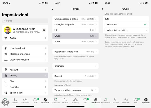 Personalizzare privacy gruppi WhatsApp