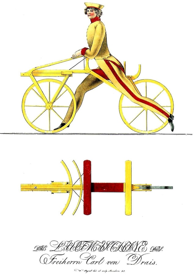Disegno di una draisina (Wikimedia Commons)