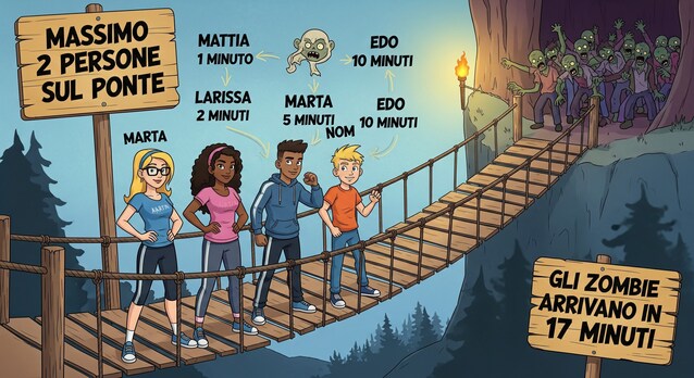 Le regole dell'indovinello del ponte: max 2 persone sul ponte, 1 sola torcia, Marta 5 min, Mattia 1 min, Larissa 2 min, Edo 10 min, Zombie 17 min