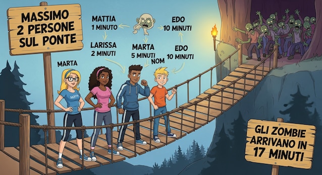 Le regole dell'indovinello del ponte: max 2 persone sul ponte, 1 sola torcia, Marta 5 min, Mattia 1 min, Larissa 2 min, Edo 10 min, Zombie 17 min