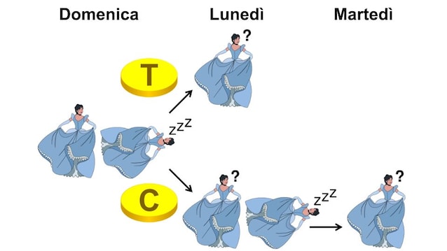 Dei ricercatori coinvolgono la bella addormentata in un esperimento in cui la ragazza viene addormentata con un sonnifero per essere poi risvegliata di lunedì e/o martedì per rispondere ad una domanda