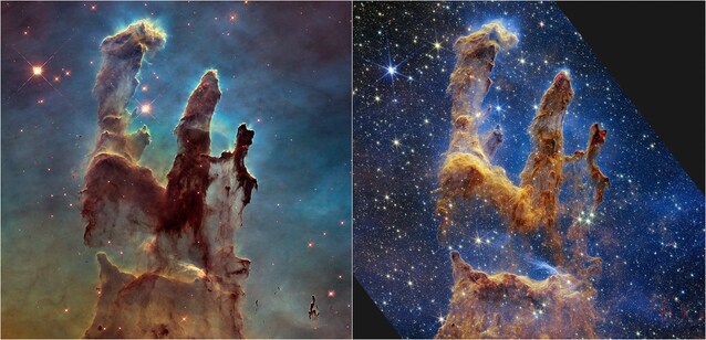 09 PIlastri della Creazione (foto dell 1995 e foto del James Webb) Credits Nasa via WIkimedia Commons
