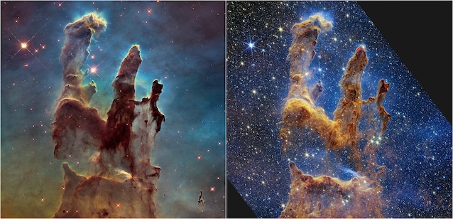 09 PIlastri della Creazione (foto dell 1995 e foto del James Webb) Credits Nasa via WIkimedia Commons
