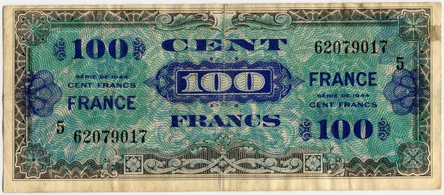 Banconota da 100 franchi emesso dal Governo militare alleato in Francia (Wikimedia Commons)