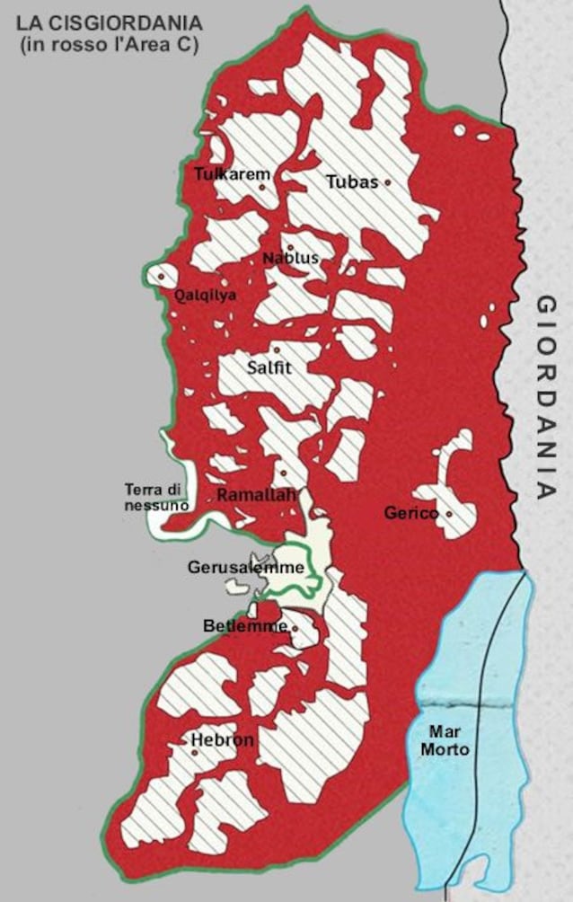 CIsgiordania. In bianco i territori amministrati dall'Autorità palestinese (terrasanta.net)