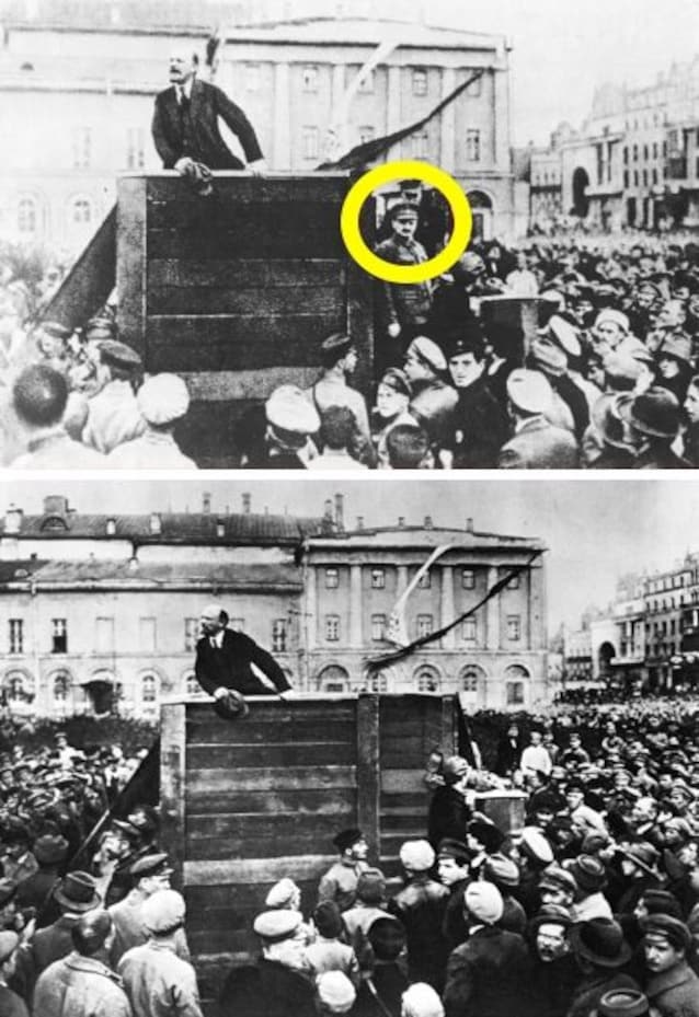 Foto di Lenin originale e ritoccata per eliminare Trockji