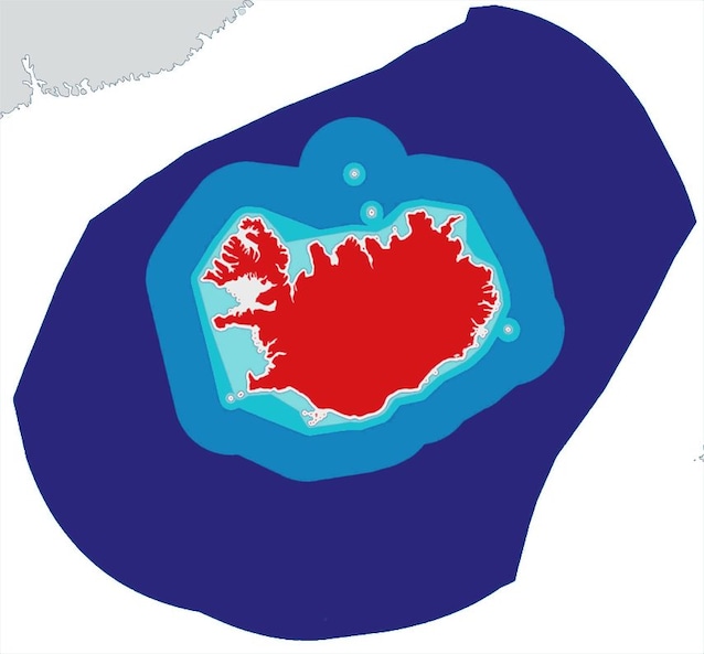 Islanda e fasce della zona economica esclusiva celeste 4mn, turchese 12mn, azzutto 50mn, blu 200 mn