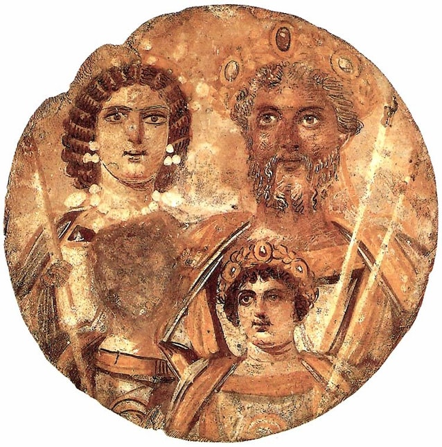 Tondo severiano- Settimio Severo, Giulia Domna, Caracalla e Geta, ma il volto di quest'ultimo è eroso