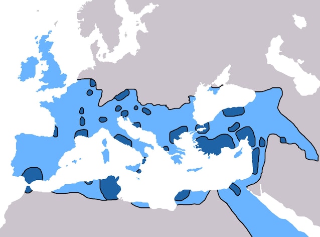 Affermazione del cristianesimo- blu scurso fino al 325, blu chiaro fino al 600 (Credit Geuiwogbil via Wikimedia Commons)