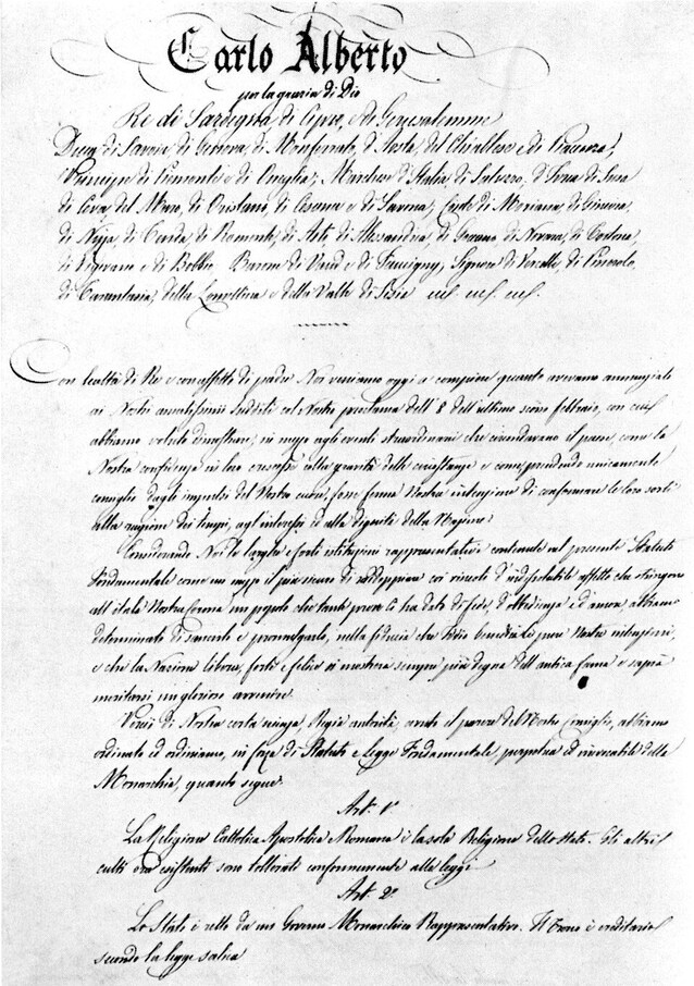 Prima pagina dello Statuto Albertino