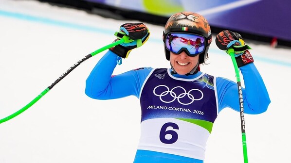 Federica Brignone al traguardo della pista Olimpia delle Tofane. Twitter CONI
