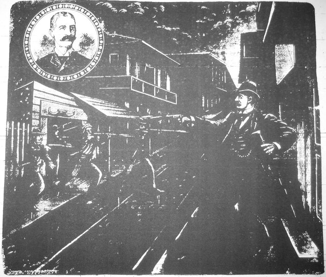 Artist's conception of Hennessy's murder. "Scene of the Assassination", The Mascot, New Orleans, 1890.