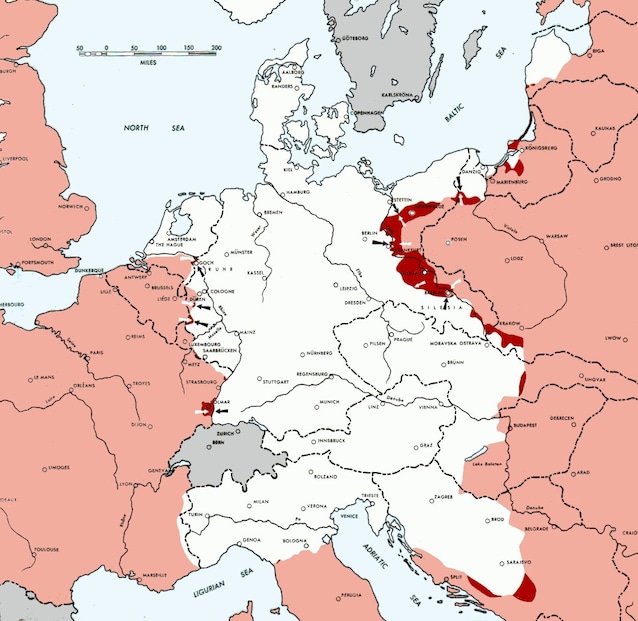 La situazione del fronte al momebto del bombardamento (bianco territorio tedesco, rosa e rosso avanzate alleate)