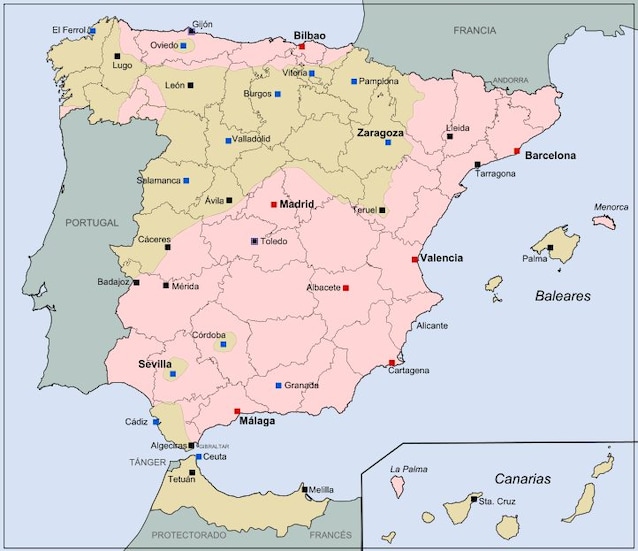 La spagna dopo il golpe. Rosa. zone controllate dal governo, giallo dall'esercito) Credit Nerika via Wikimedia Commons