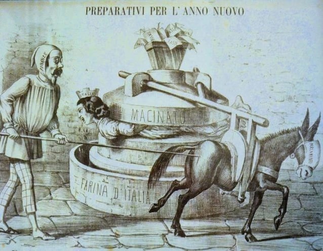 Vignetta umoristica sulla tassa sul macinato (bibliotecasalaborsa.it)