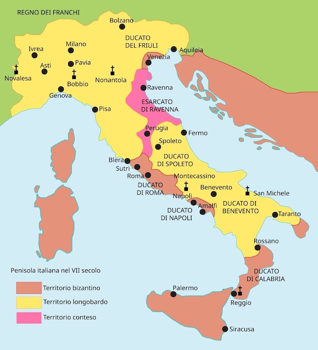 L'Italia nell'VIII secolo, con l'Esarcato (Wikimedia Commons) copia
