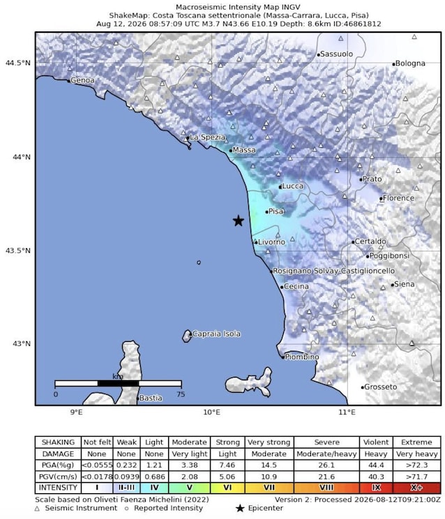 intesnista terremoto 3.7 toscana