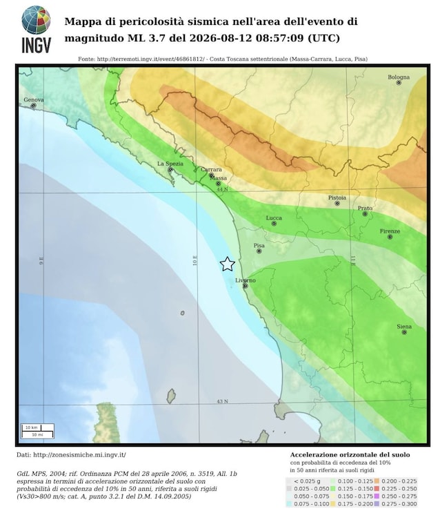 Mappa della pericolosità sismica nell'area del terremoto. Credit: INGV