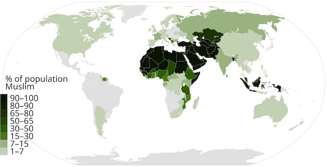 Diffusione attuale dell'Islam, molto più estesa rispetto agli Stati arabi