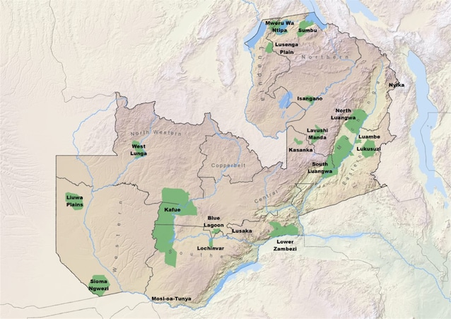 Mappa dei parchi nazionali in Zambia