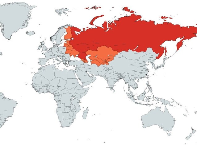 In rosso la Federazione Russa, nucleo dell'ex Unione Sovietica, in arancione le nazioni che si sono rese indipendenti dall'URSS