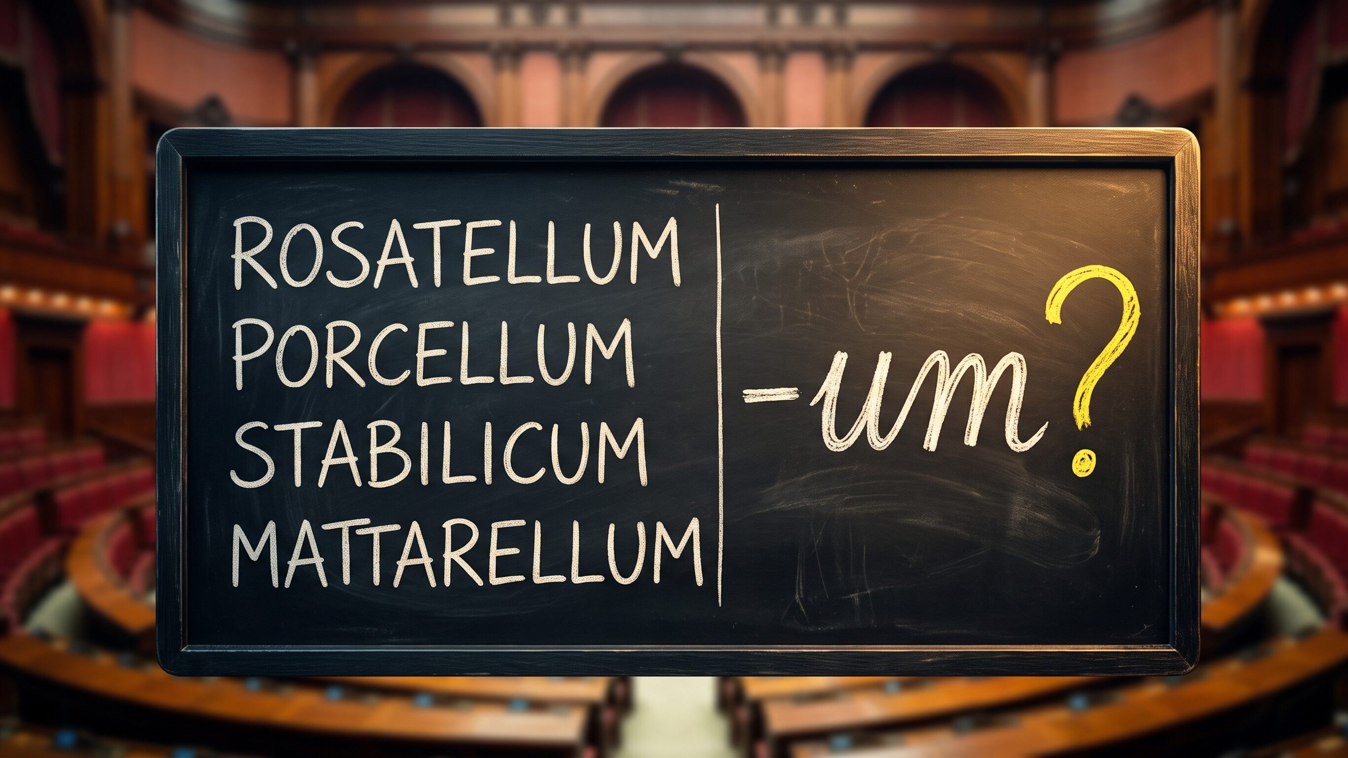 Subject: A vintage dark slate blackboard in the foreground, sharply in focus. Hand-written chalk text, perfectly legible, is divided into two sections. Left side: "ROSATELLUM," "PORCELLUM," "STABILICUM," "MATTARELLUM" in standard white chalk handwriting. Right side: "-um?" in slightly larger, stylized white chalk writing, but the final yellow question mark is prominent and hand-drawn in vibrant yellow chalk. Lighting: Intense cinematic lighting, powerful rim light outlining the edges of the blackboard to separate it from the depth, dramatic warm illumination on the chalked text. Strong contrasts. Background: A heavily blurred (heavy bokeh, very shallow depth of field) view of the interior of the Italian Chamber of Deputies (Montecitorio) chamber. Recognizable architectural curves, wooden benches, red accents, and perhaps a faint hint of the central podium, all softly out of focus. Style: Hyper-realistic, highly detailed photograph, professional photo quality, deep colors and strong texture on the blackboard surface and chalk. No cartoon, illustration, or logos.