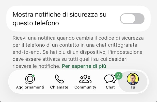 Come disattivare notifiche di sicurezza su WhatsApp.