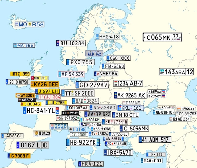 Mappa con le targhe dei Paesi europei (Wikimedia Commons)